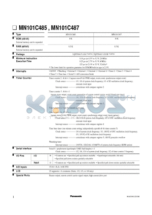 MN101C487 datasheet - Timer counter 2 : 8-bit X 1 (square-wave/8-bit PWM output, event count, synchronous output event)