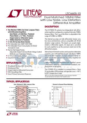 LTC6605IDJC-10-TRPBF datasheet - Dual Matched 10MHz Filter with Low Noise, Low Distortion Differential Amplifi er