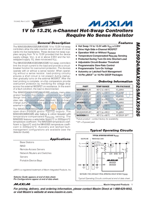 MAX5924 datasheet - 1V to 13.2V, n-Channel Hot-Swap Controllers Require No Sense Resistor