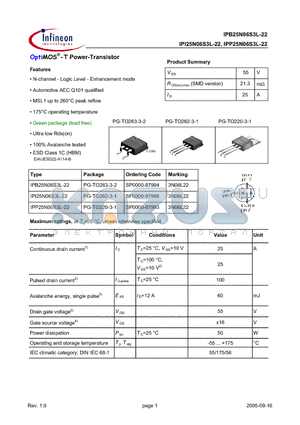 IPP25N06S3L-22 datasheet - OptiMOS^-T Power-Transistor