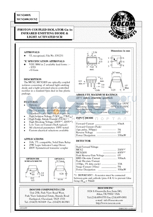 MCS2400 datasheet - PHOTON COUPLED ISOLATOR Ga As INFRARED EMITTING DIODE AND LIGHT ACTIVATED SCR