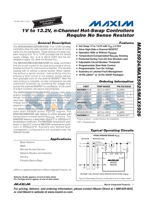 MAX5924DEUB datasheet - 1V to 13.2V, n-Channel Hot-Swap Controllers Require No Sense Resistor