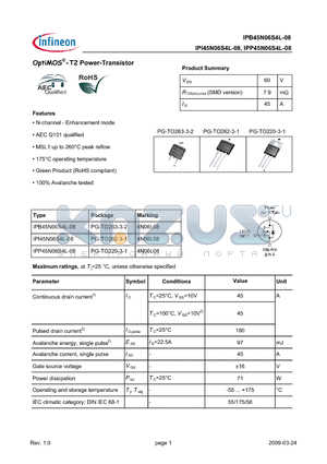 IPP45N06S4L-08 datasheet - OptiMOS-T2 Power-Transistor