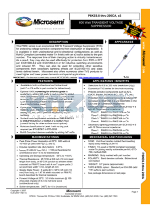 P6KE27 datasheet - 600 Watt TRANSIENT VOLTAGE SUPPRESSOR