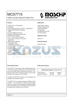 MCS7715 datasheet - USB to Combo Serial & Printer Port