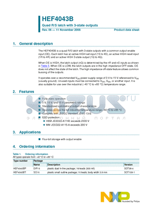 HEF4043B datasheet - Quad R/S latch with 3-state outputs