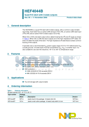 HEF4044BT datasheet - Quad R/S latch with 3-state outputs