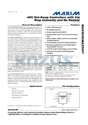 MAX5937ESA datasheet - -48V Hot-Swap Controllers with VIN Step Immunity and No RSENSE