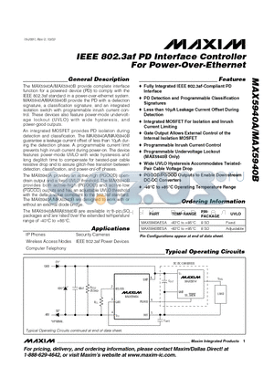 MAX5940A datasheet - IEEE 802.3af PD Interface Controller For Power-Over-Ethernet