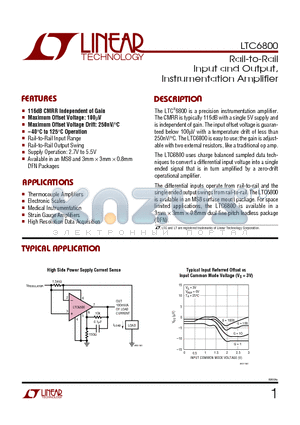 LTC6800HMS8 datasheet - Input and Output, Instrumentation Amplifier