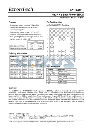 EM564081 datasheet - 512K x 8 Low Power SRAM