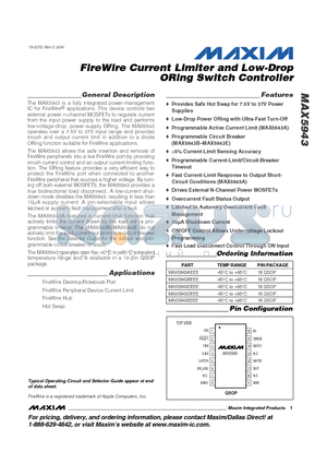 MAX5943 datasheet - FireWire Current Limiter and Low-Drop ORing Switch Controller