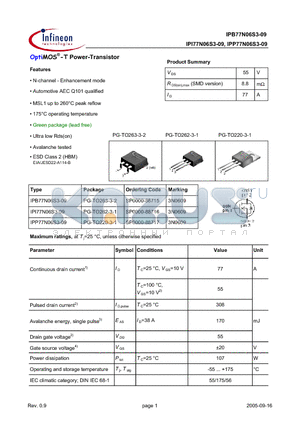 IPP77N06S3-09 datasheet - OptiMOS^-T Power-Transistor