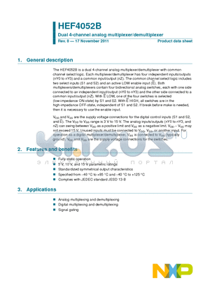 HEF4052BT datasheet - Dual 4-channel analog multiplexer/demultiplexer