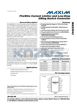 MAX5943BEEE datasheet - FireWire Current Limiter and Low-Drop ORing Switch Controller