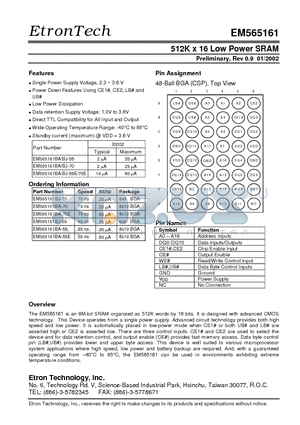 EM565161BA-55E datasheet - 512K x 16 Low Power SRAM