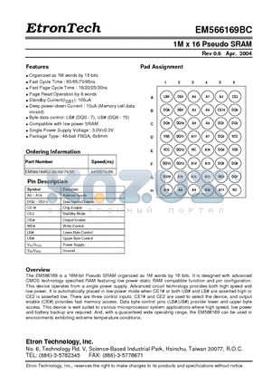 EM566169BC-70 datasheet - 1M x 16 Pseudo SRAM