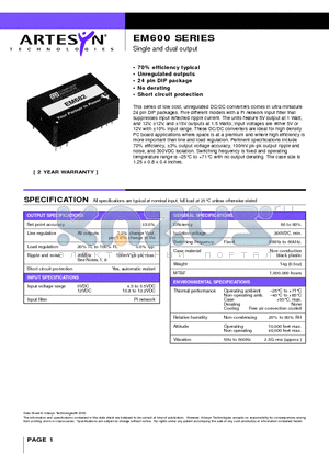 EM600 datasheet - Single and dual output 1 to 1.5 Watt Nominal input DC/DC converters