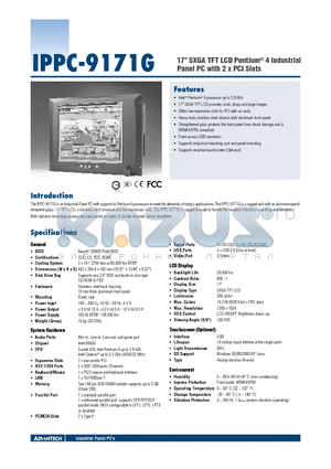 IPPC-9171G-XAE datasheet - 17 SXGA TFT LCD Pentium 4 Industrial Panel PC with 2 x PCI Slots