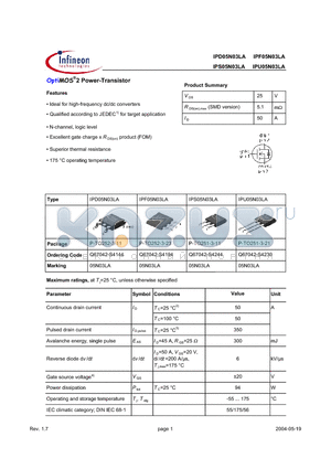 IPS05N03LA datasheet - OptiMOS 2 Power-Transistor