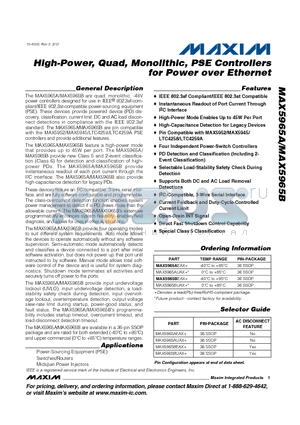 MAX5965BEAX+ datasheet - High-Power, Quad, Monolithic, PSE Controllers for Power over Ethernet