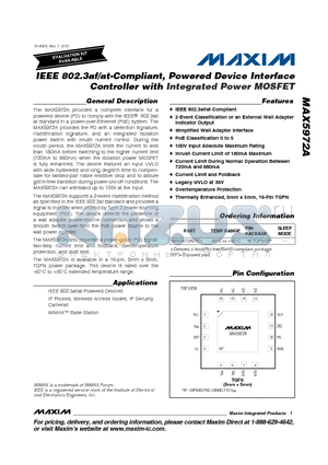 MAX5972A datasheet - IEEE 802.3af/at-Compliant, Powered Device Interface Controller with Integrated Power MOSFET