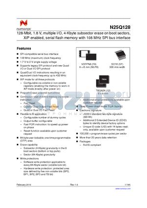 N25Q128A31BSF40F datasheet - 128-Mbit, 1.8 V, multiple I/O, 4-Kbyte subsector erase on boot sectors, XiP enabled, serial flash memory with 108 MHz SPI bus interface