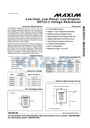 MAX6001EUR-T datasheet - Low-Cost, Low-Power, Low-Dropout, SOT23-3 Voltage References