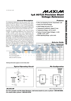 MAX6006 datasheet - 1lA SOT23 Precision Shunt Voltage Reference