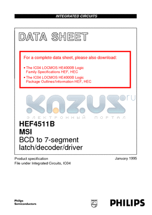 HEF4511B datasheet - BCD to 7-segment latch/decoder/driver