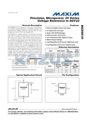 MAX6010 datasheet - Precision, Micropower, 3V Series Voltage Reference in SOT23