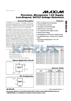 MAX6018AEUR21 datasheet - Precision, Micropower, 1.8V Supply, Low-Dropout, SOT23 Voltage Reference