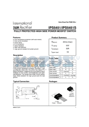 IPS54511 datasheet - FULLY PROTECTED HIGH SIDE POWER MOSFET SWITCH