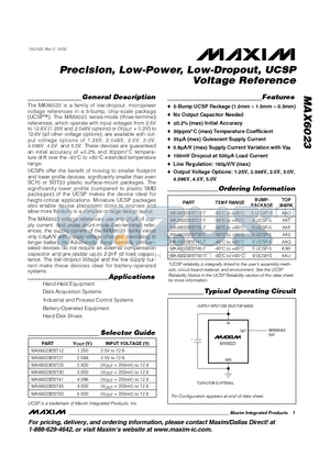 MAX6023EBT21-T datasheet - Precision, Low-Power, Low-Dropout, UCSP Voltage Reference
