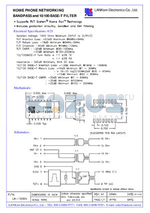 LH-1606N datasheet - HOME PHONE NETWORKING BANDPASS and 10/100 BASE-T FILTER