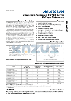 MAX6033AAUT25-T datasheet - Ultra-High-Precision SOT23 Series Voltage Reference