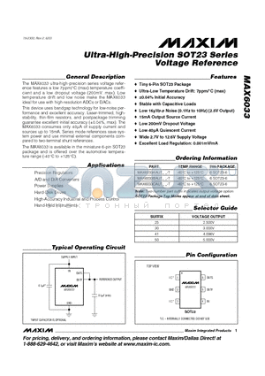 MAX6033CAUT50 datasheet - Ultra-High-Precision SOT23 Series Voltage Reference