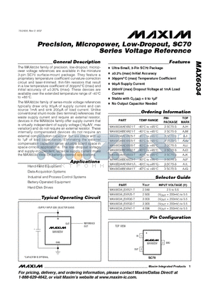 MAX6034AEXR41-T datasheet - Precision, Micropower, Low-Dropout, SC70 Series Voltage Reference