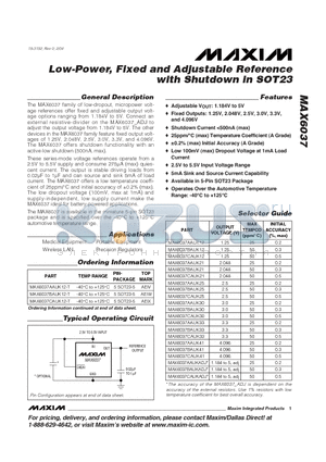 MAX6037AAUK21 datasheet - Low-Power, Fixed and Adjustable Reference with Shutdown in SOT23
