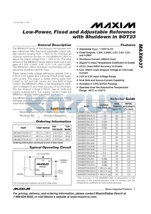 MAX6037AAUKADJ datasheet - Low-Power, Fixed and Adjustable Reference with Shutdown in SOT23