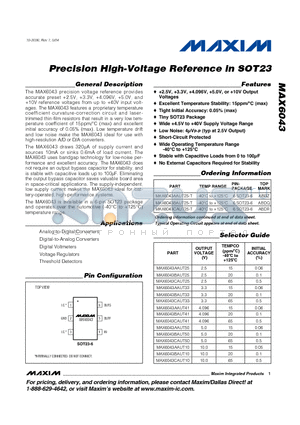 MAX6043AAUT25-T datasheet - Precision High-Voltage Reference in SOT23