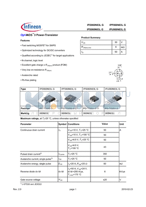 IPU060N03LG datasheet - OptiMOS3 Power-Transistor Features Fast switching MOSFET for SMPS