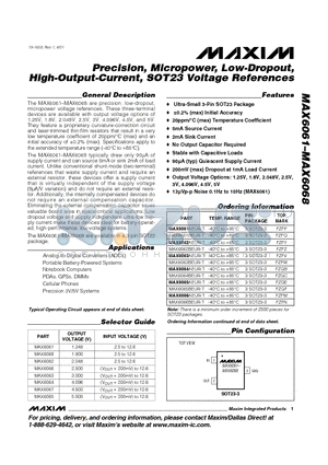 MAX6061AEUR-T datasheet - Precision, Micropower, Low-Dropout, High-Output-Current, SOT23 Voltage References