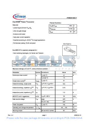 IPW60R165CP datasheet - CoolMOS^ Power Transistor Features Lowest figure-of-merit RONxQg Ultra low gate charge