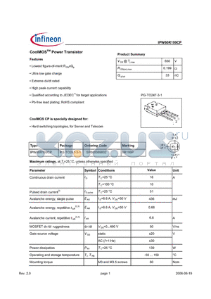 IPW60R199CP datasheet - CoolMOS Power Transistor