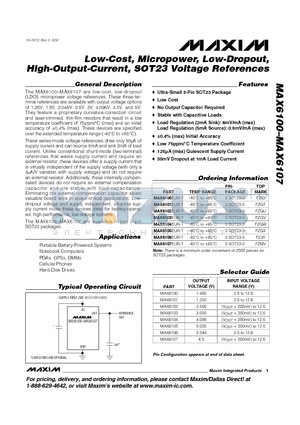 MAX6106EUR-T datasheet - Low-Cost, Micropower, Low-Dropout, High-Output-Current, SOT23 Voltage References