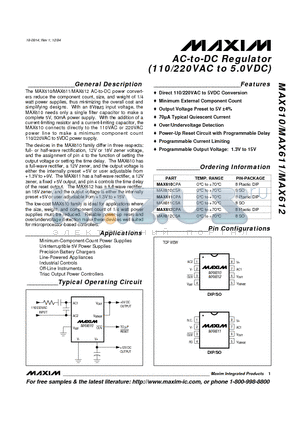 MAX610CPA datasheet - AC-to-DC Regulator(110/220VAC to 5.0VDC)