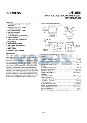 LH1056 datasheet - HIGH VOLTAGE, SOLID STATE RELAY OPTOCOUPLER