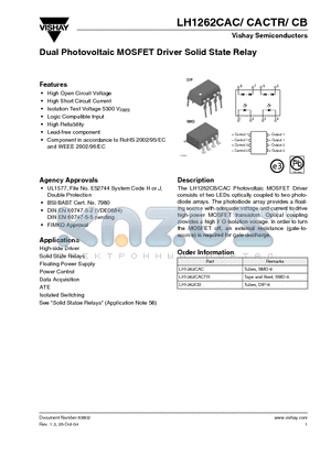 LH1262C datasheet - Dual Photovoltaic MOSFET Driver Solid State Relay