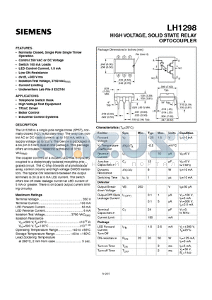 LH1298 datasheet - HIGH VOLTAGE, SOLID STATE RELAY OPTOCOUPLER